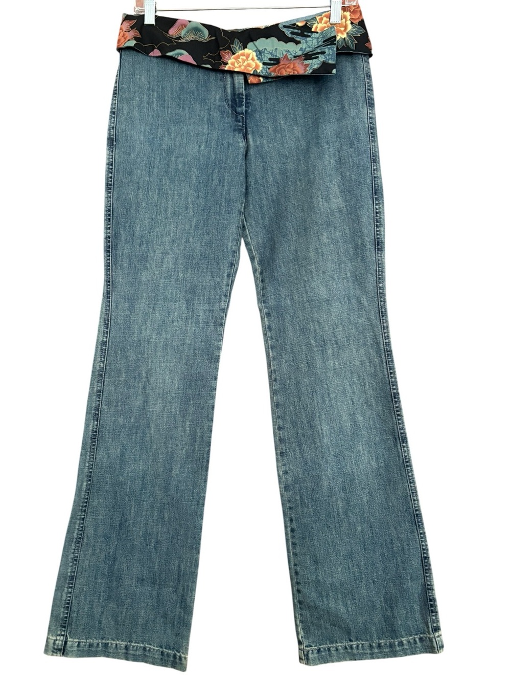William B. Vintage Y2K Flare Jeans Asian Floral Fold Over Waistband Denim Sz 4
